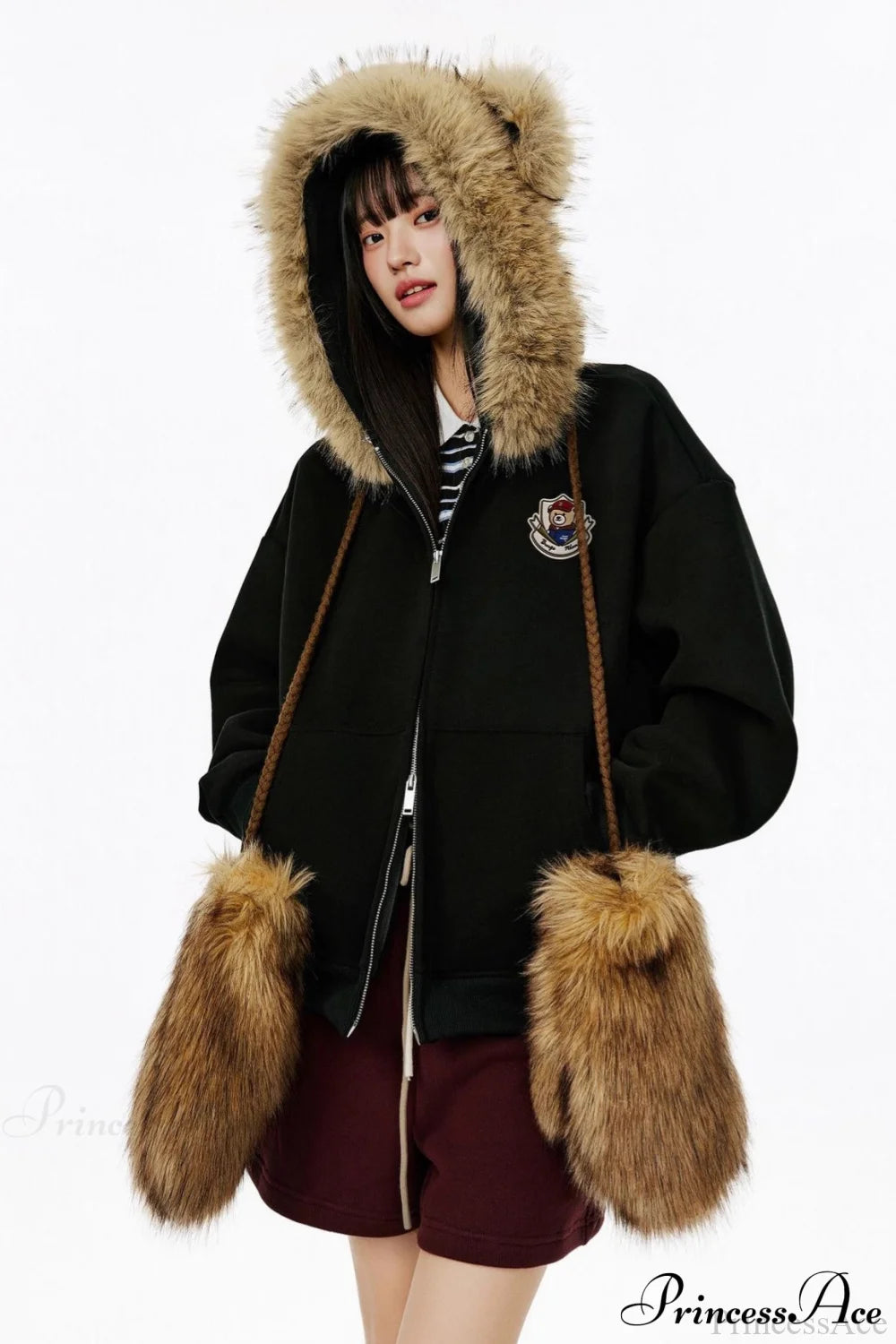 Vintage Bear Ear Fleece Collar Zip Hoodie