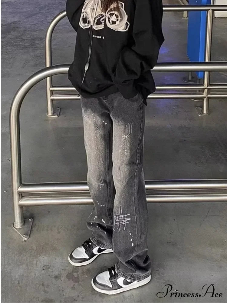 Vintage Black Print Speckled Ink Wide Leg Loose Straight Floor Sweeping Jean