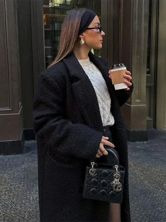 Vintage Black Woolen Double-Breasted Overcoat