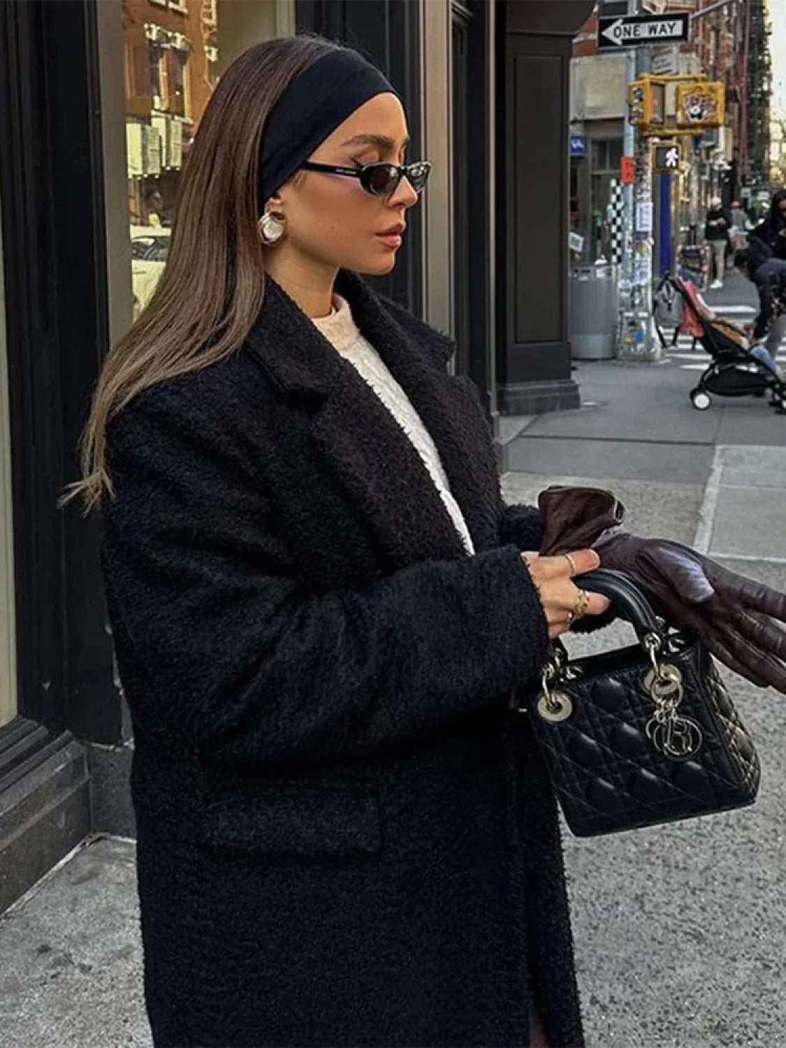 Vintage Black Woolen Double-Breasted Overcoat