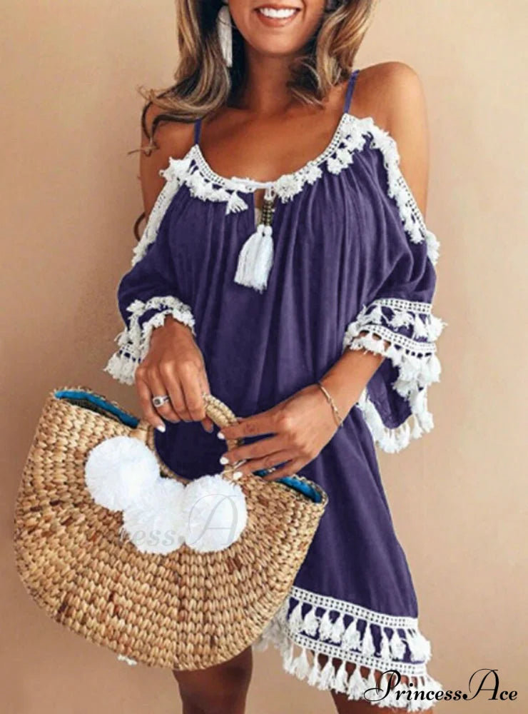Vintage Boho Mini Beach Party Dress With Round Neck And 3/4 Sleeves S / Blue Dresses