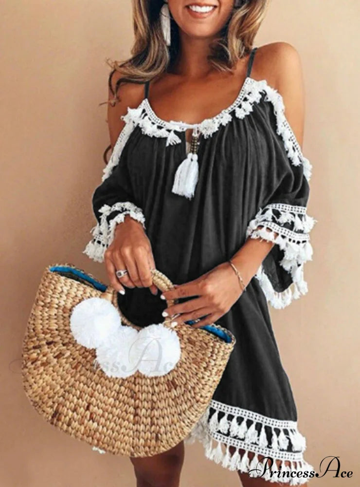 Vintage Boho Mini Beach Party Dress With Round Neck And 3/4 Sleeves S / Purple Dresses