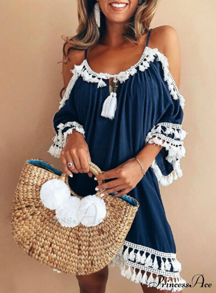 Vintage Boho Mini Beach Party Dress With Round Neck And 3/4 Sleeves S / Red Dresses