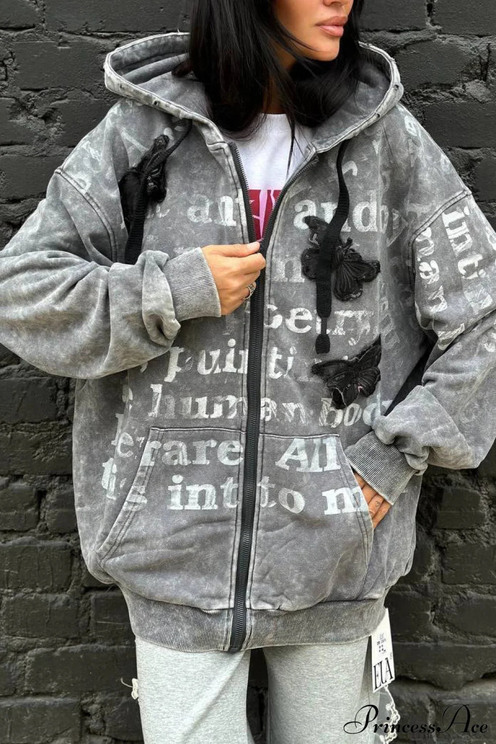 Vintage Bow Letter Distressed Hoodie Grey / S