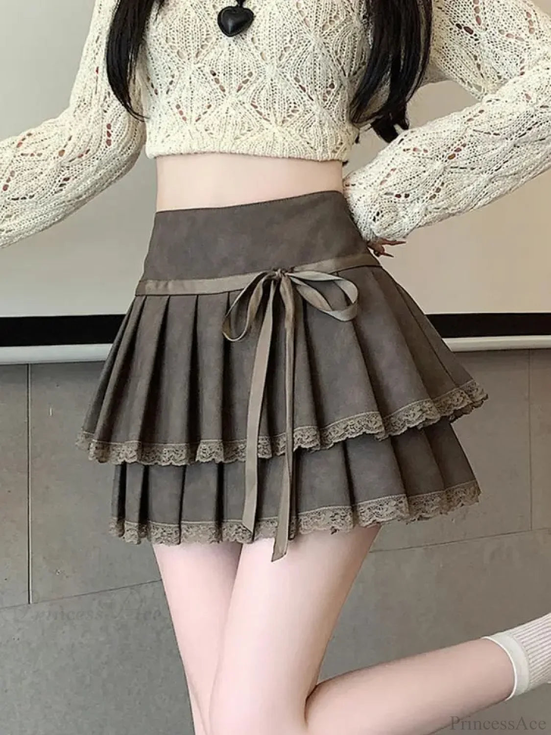 Vintage Bow Pleated PU Skirt khaki / S skirts-250223