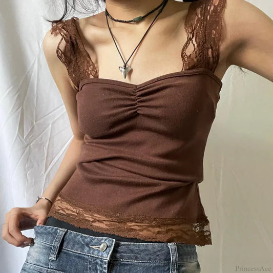 Vintage Brown Lace Patchwork Open Back Slim Fit Fairy Grunge Y2K Camis Crop Top croptop-250126