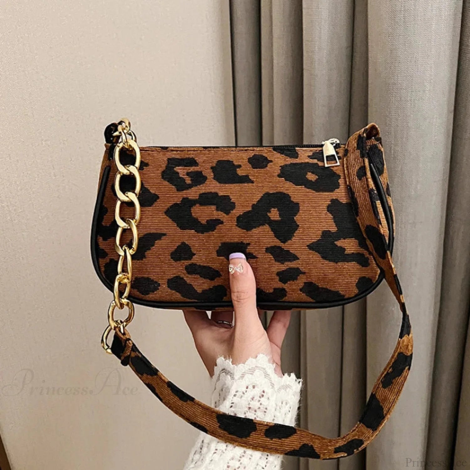 Vintage Chain Plush Leopard Shoulder Bag LightBrown shoulder-250126