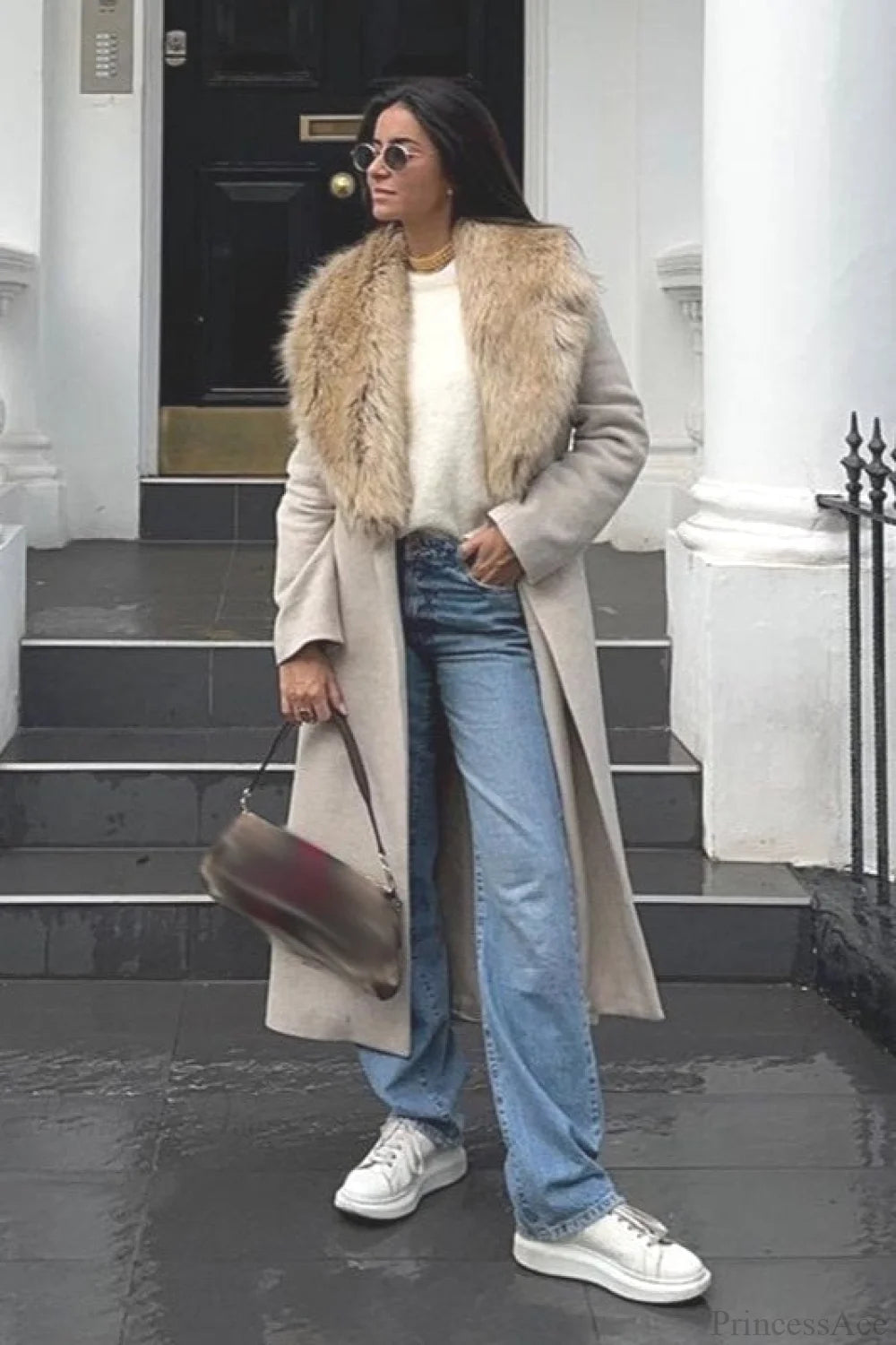 Vintage Chic Wool Blend Fur Collar Elegant Overcoat Apricot / S