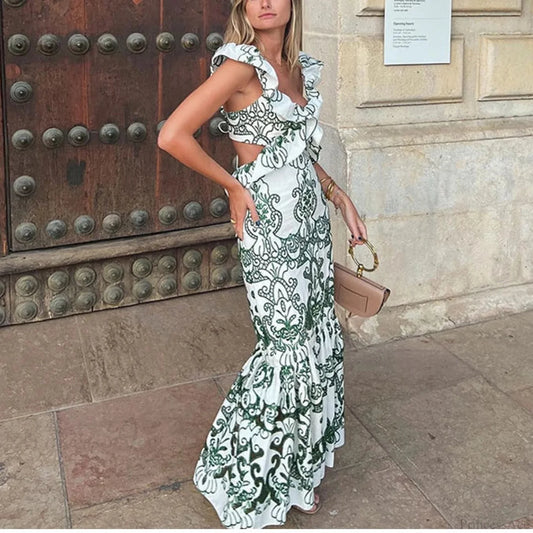 Vintage Cotton Floral Boho Dress Green / S bohodress-250126