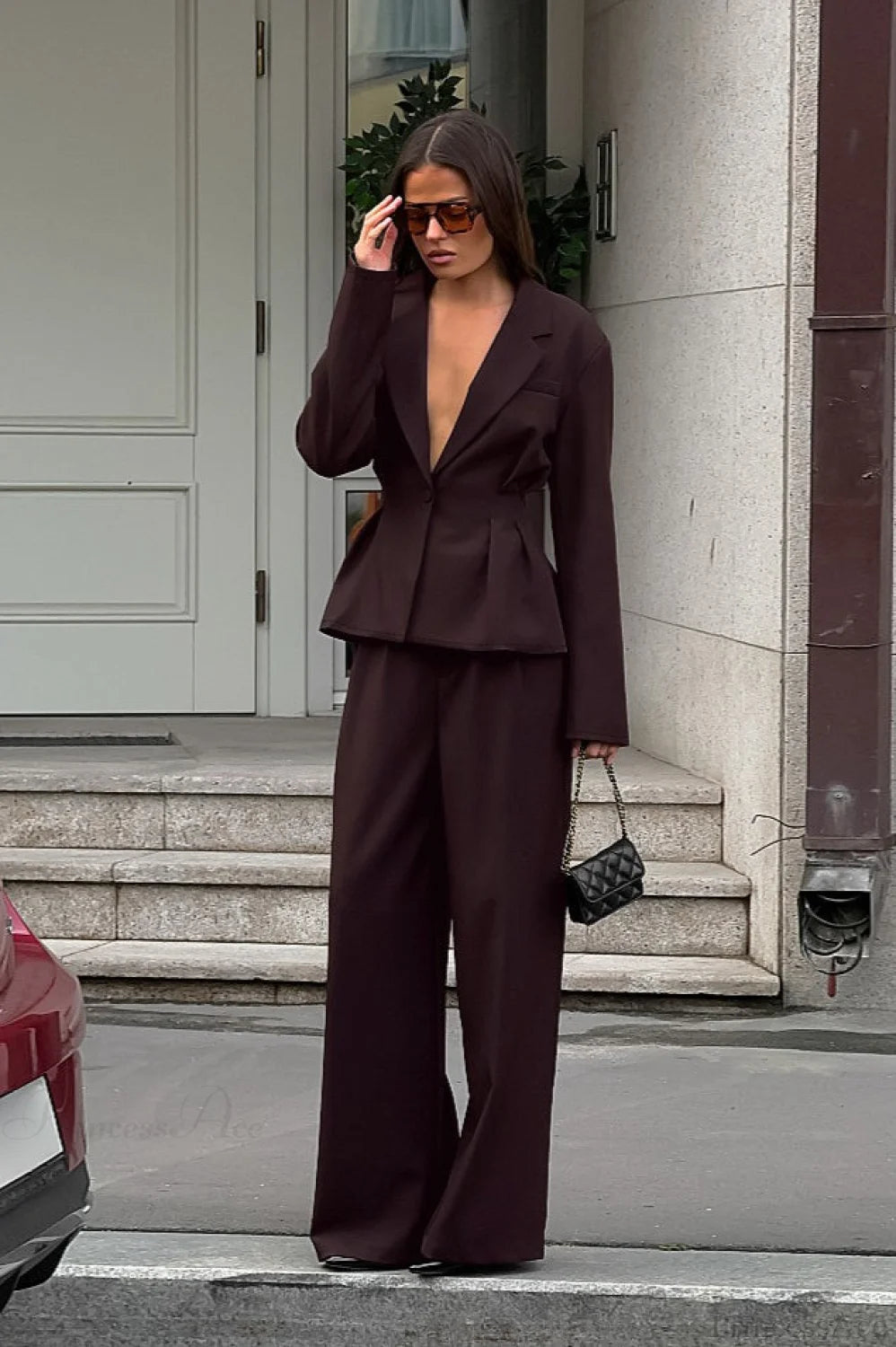 Vintage Deep V-Neck Fitted Waist Blazer Long Sleeve Two Piece Set