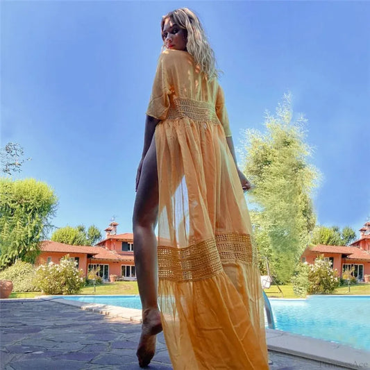 Vintage Deep V-neck White Lace Boho Bikini Cover Up Yellow / One Size bohocoverup-250126