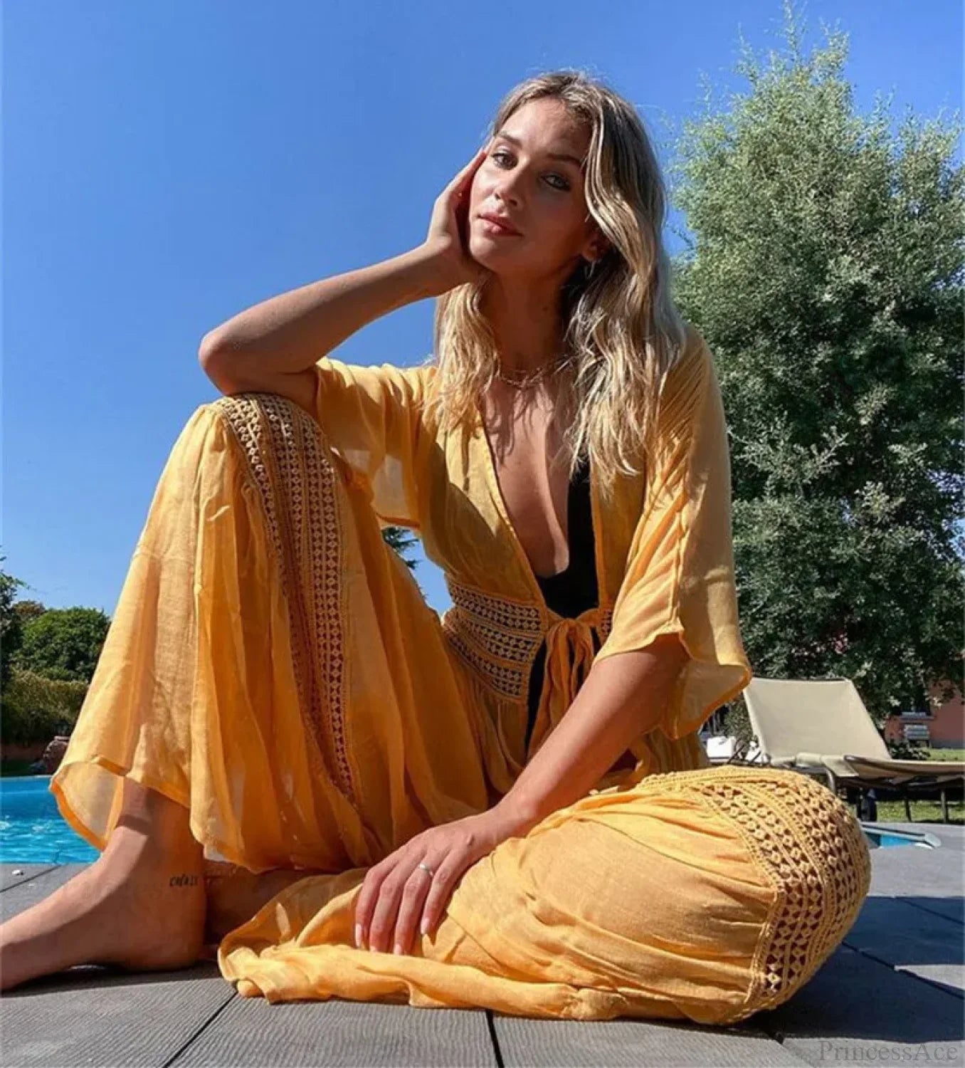 Vintage Deep V-neck White Lace Boho Bikini Cover Up Yellow / One Size bohocoverup-250126