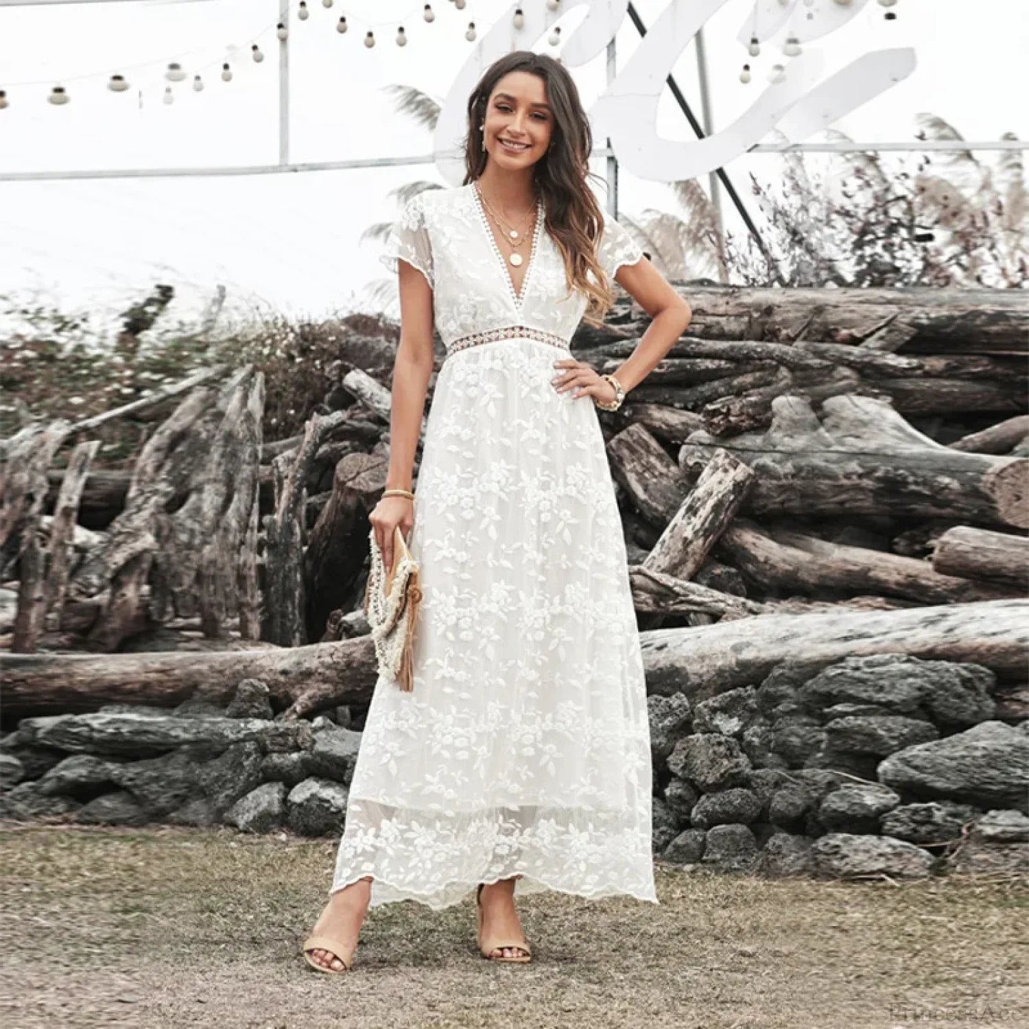 Vintage Deep V Short Sleeve Dress bohodress-250126