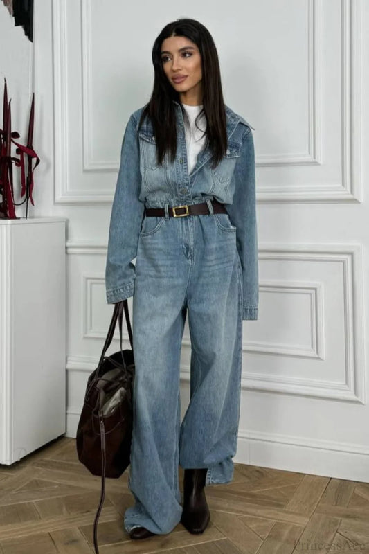 Vintage Vintage Denim Loose Long Pants Jumpsuit-style Two Piece Set Blue / S