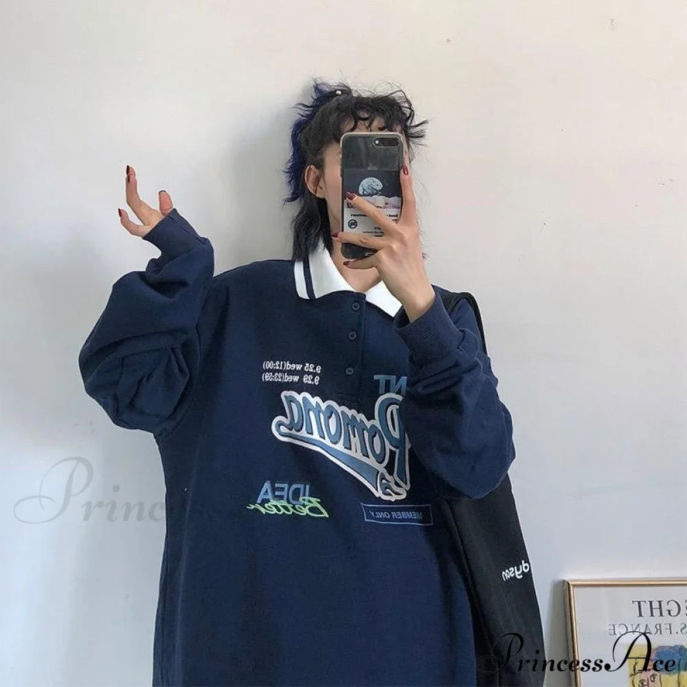 Vintage Design Letter Sweatshirt Navy Blue / S Sweatshirts