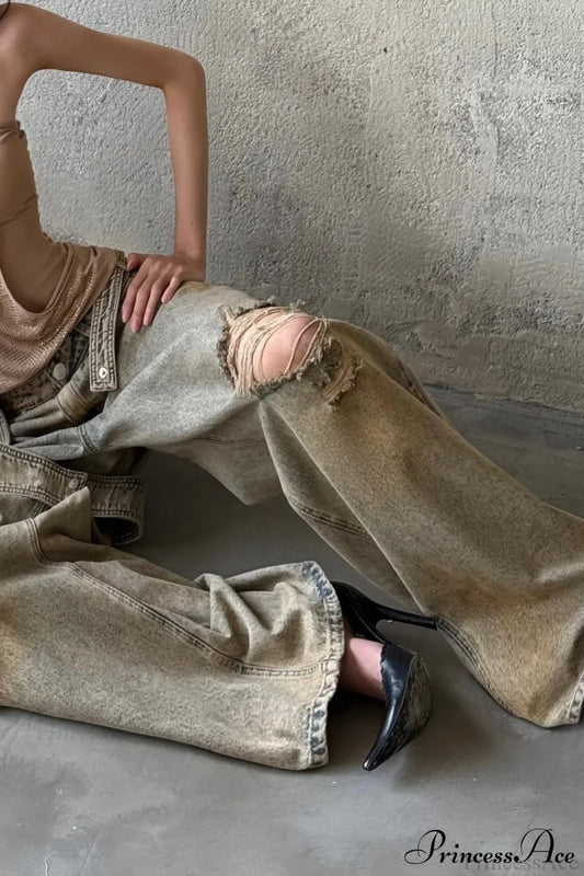 Vintage Distressed Loose Floor Length Jeans