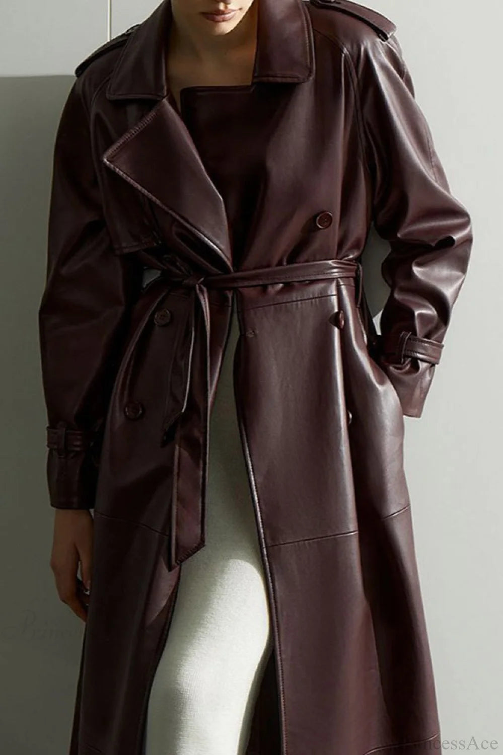 Vintage Elegant Minimalist Tie-Waist Faux Leather Overcoat