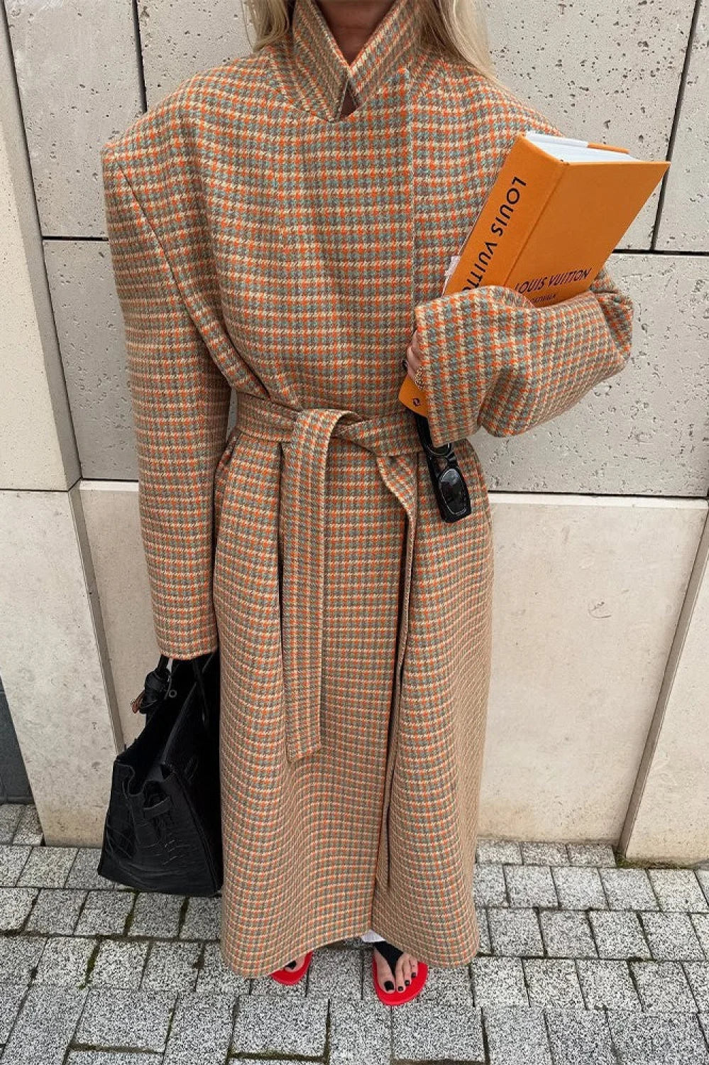 Vintage Elegant Warm Houndstooth Wool Blend Tie-Waist Overcoat