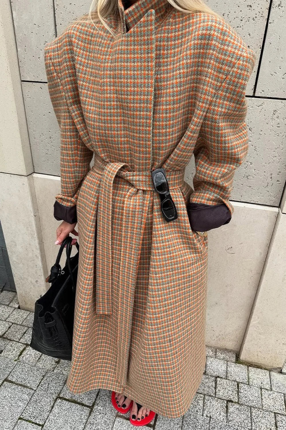 Vintage Elegant Warm Houndstooth Wool Blend Tie-Waist Overcoat