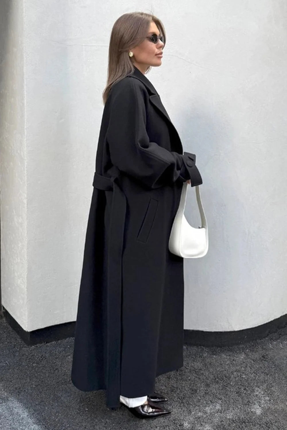 Vintage Elegant Wool Tie Waist Relaxed Overcoat