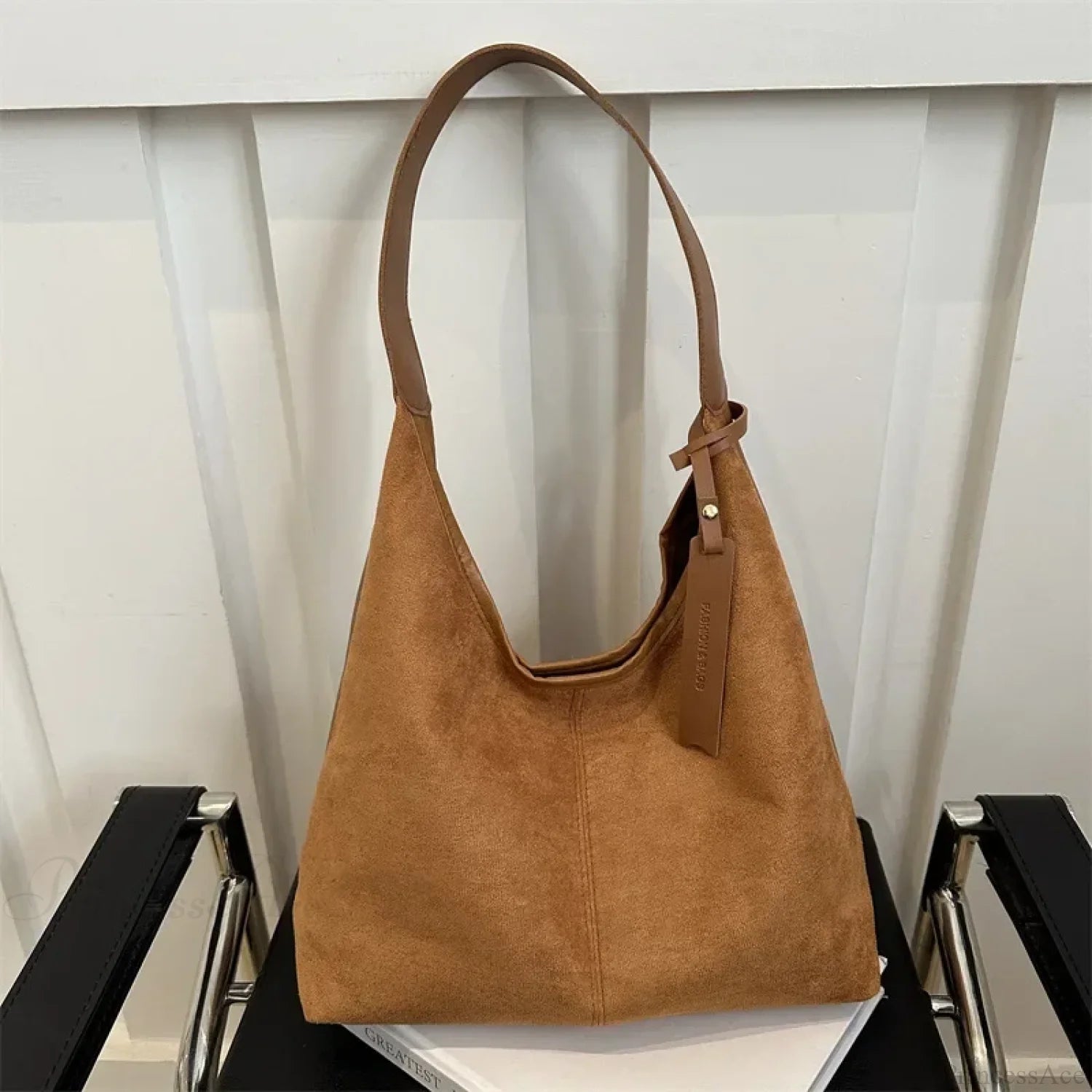 Vintage Faux Suede Large Shoulder Tote Bag Light brown shoulder-250126