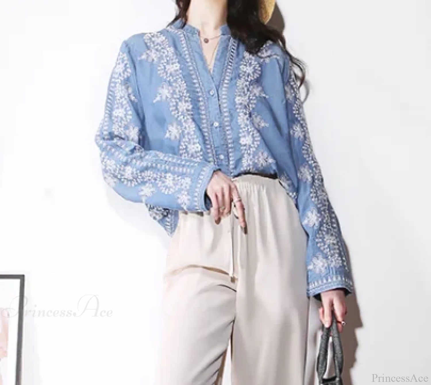 Vintage Floral Embroidery Cotton Denim Long Sleeve Boho Blouse bohoblouse-250126