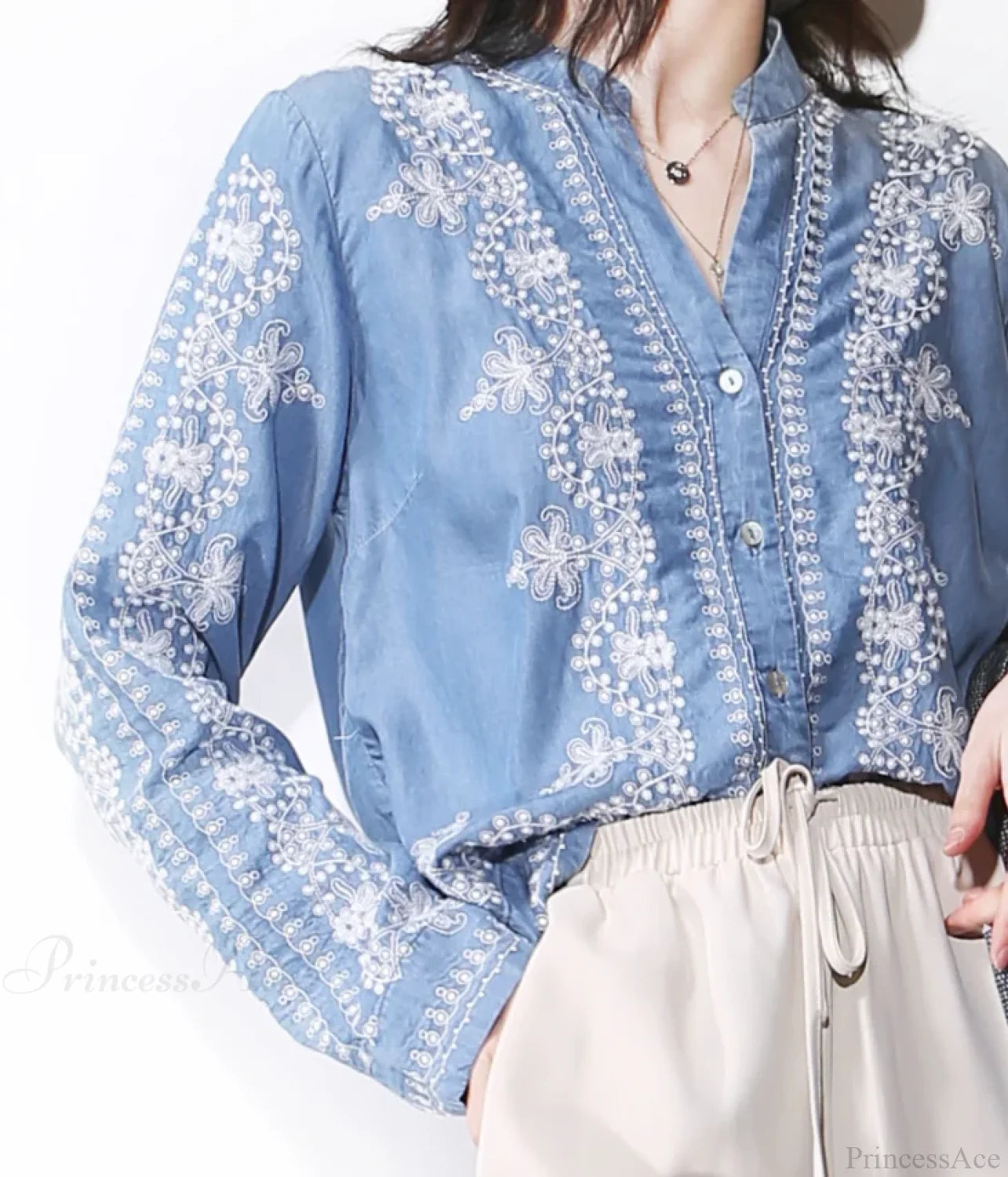 Vintage Floral Embroidery Cotton Denim Long Sleeve Boho Blouse bohoblouse-250126