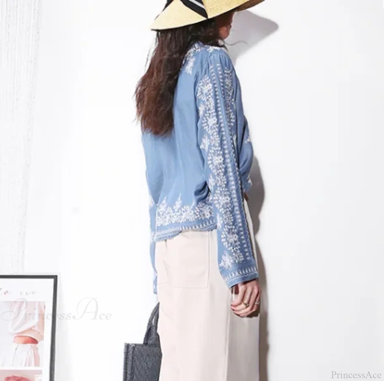 Vintage Floral Embroidery Cotton Denim Long Sleeve Boho Blouse bohoblouse-250126