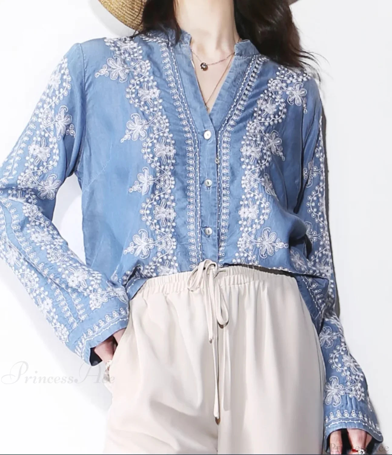 Vintage Floral Embroidery Cotton Denim Long Sleeve Boho Blouse Dark blue / M bohoblouse-250126