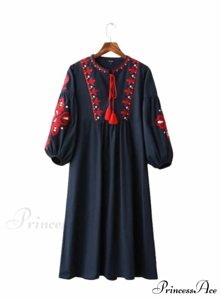 Vintage Floral Embroidery Dress With Drawstring Tie And Tassels Long Sleeve For Women Party