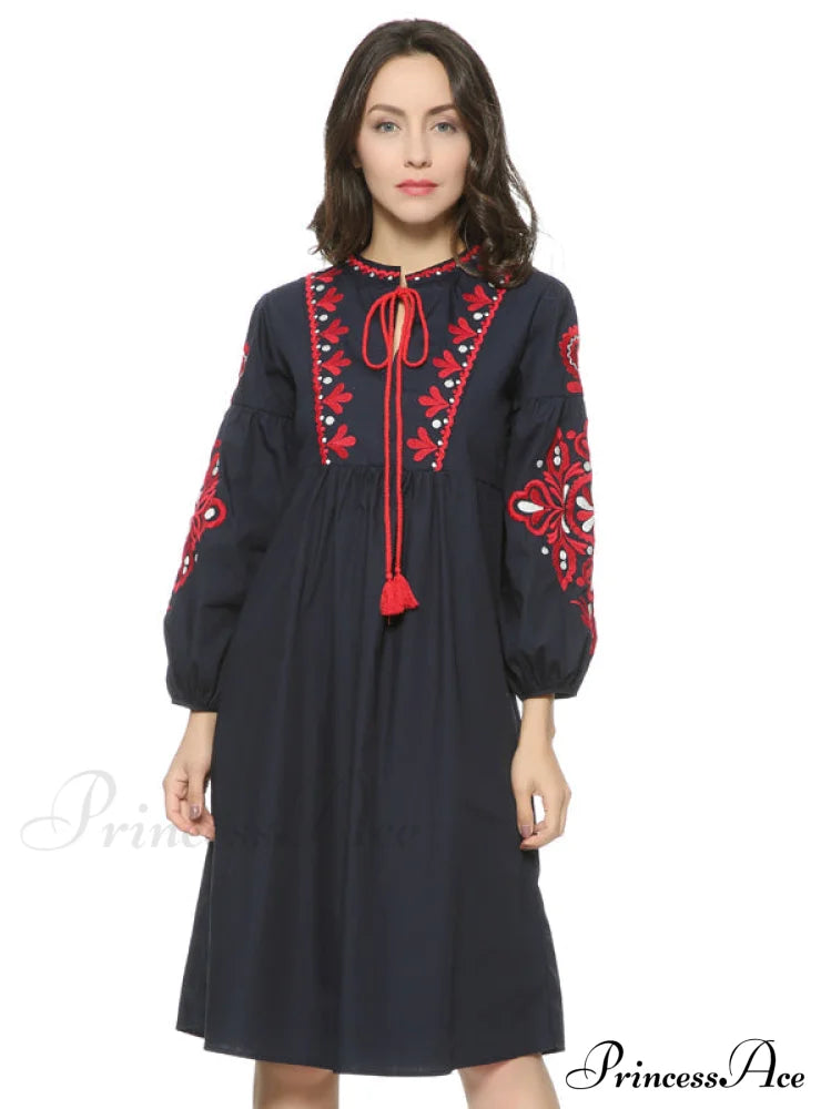 Vintage Floral Embroidery Dress With Drawstring Tie And Tassels Long Sleeve For Women Party
