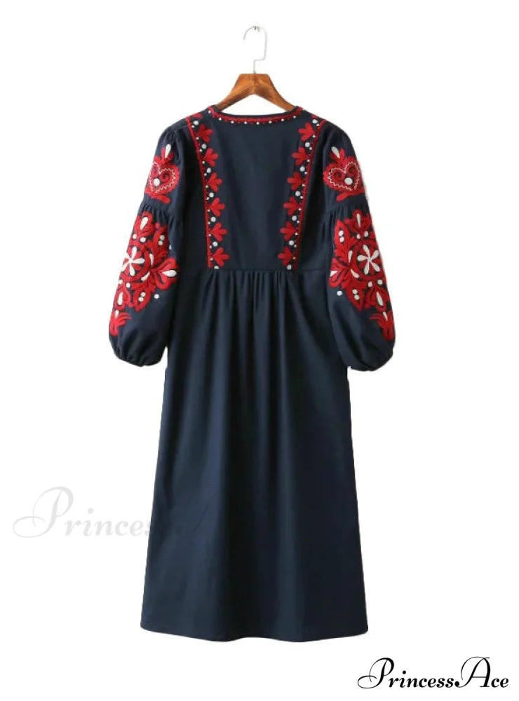 Vintage Floral Embroidery Dress With Drawstring Tie And Tassels Long Sleeve For Women Party