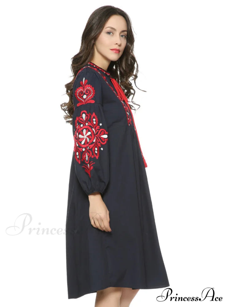Vintage Floral Embroidery Dress With Drawstring Tie And Tassels Long Sleeve For Women Party