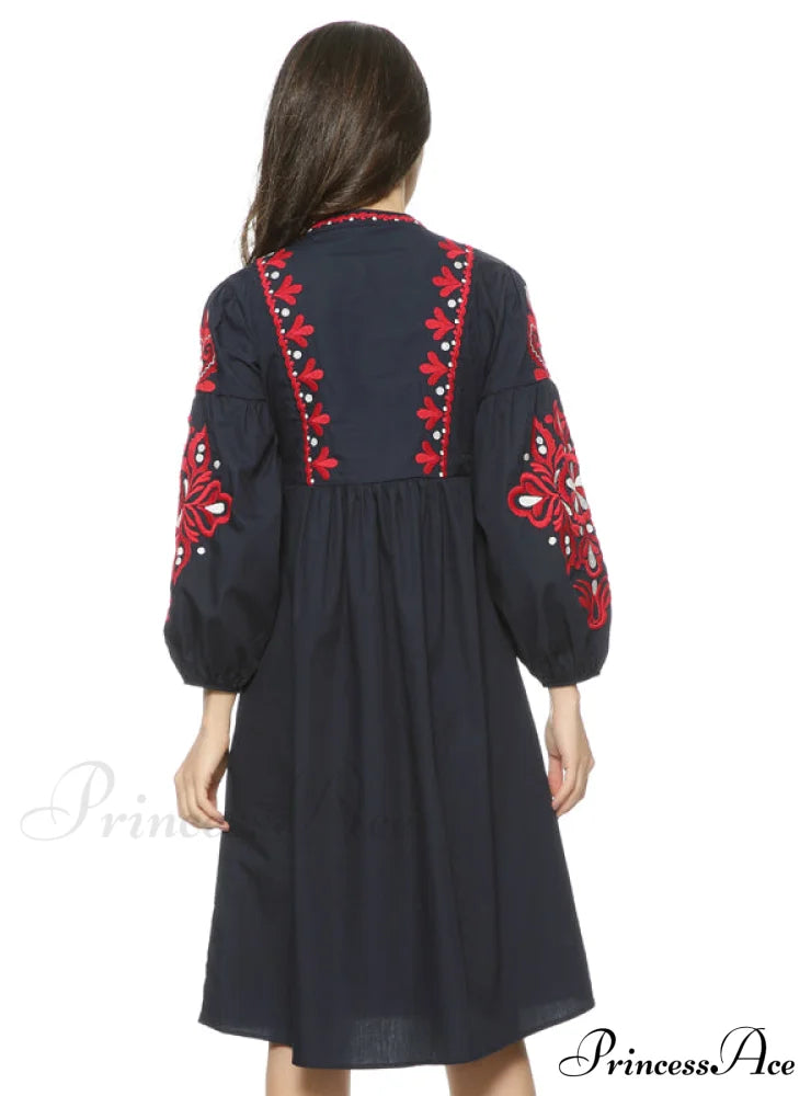 Vintage Floral Embroidery Dress With Drawstring Tie And Tassels Long Sleeve For Women Party