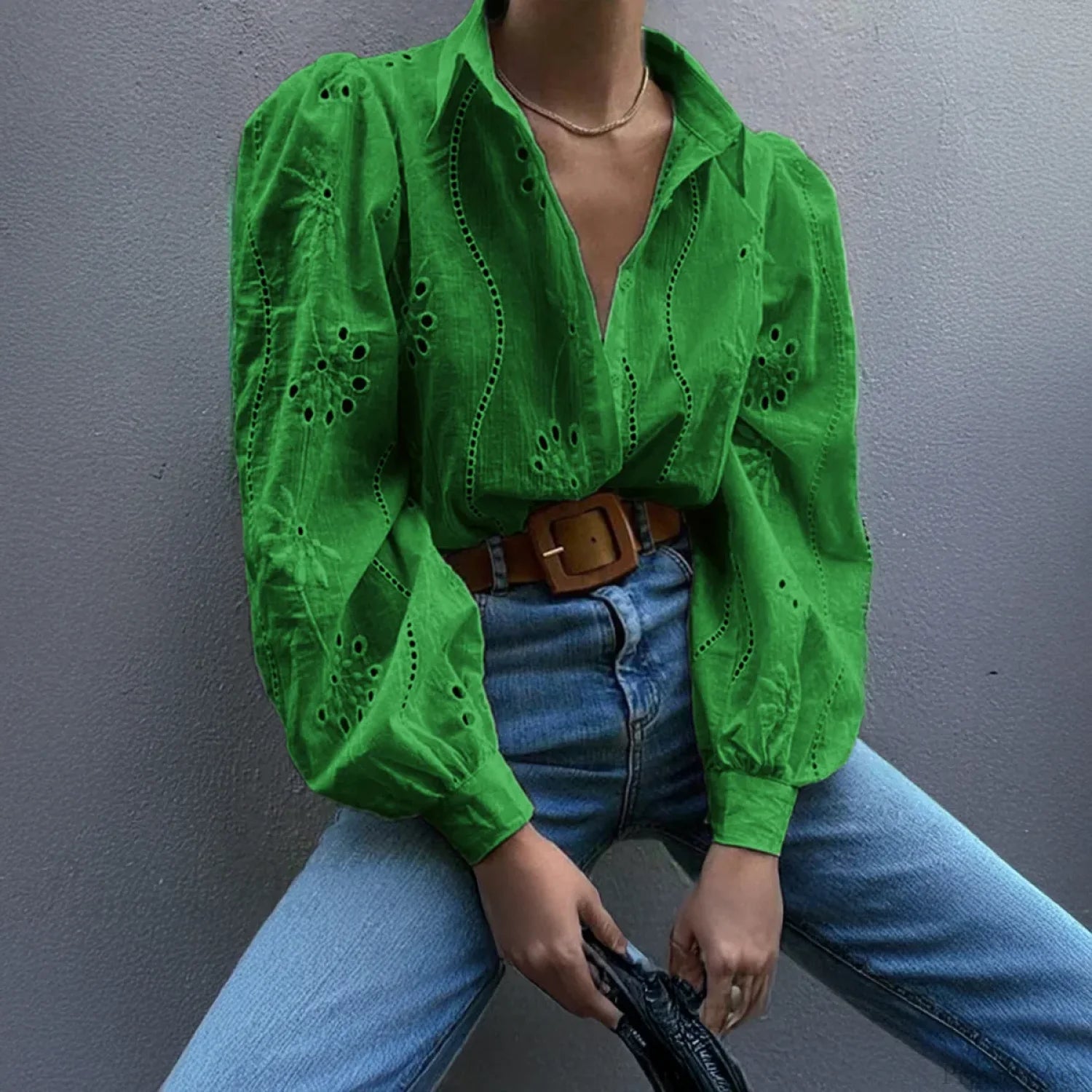 Vintage Floral Embroidery Hollow Out Puff Sleeve Boho Blouse Green / S bohoblouse-250126