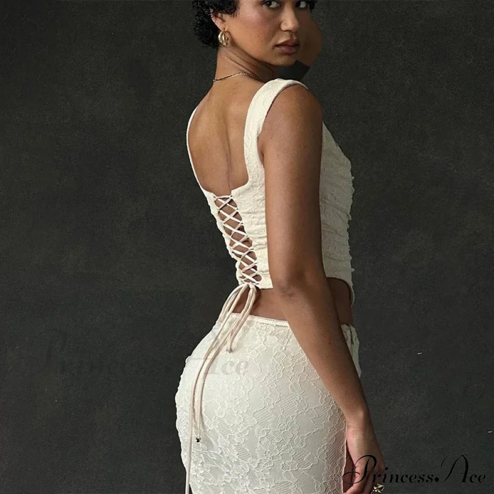 Vintage Floral Lace Corset Top And Skirt Sets Sexy Backless Bandage Midi Dress