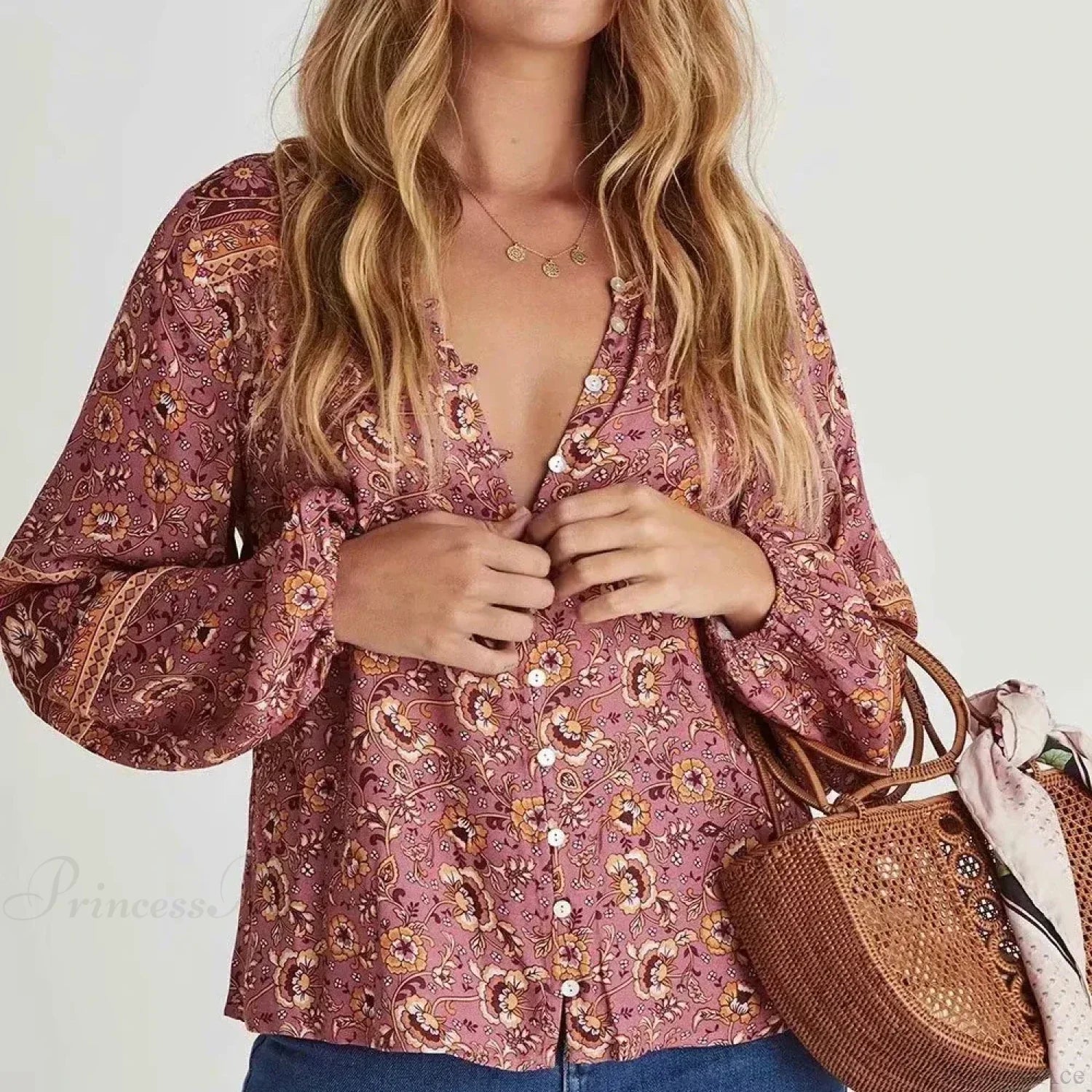 Vintage Floral Maxi Skirt Casual Beach Boho Rayon Elastic Waist Tie pink blouse / S bohodress-250126