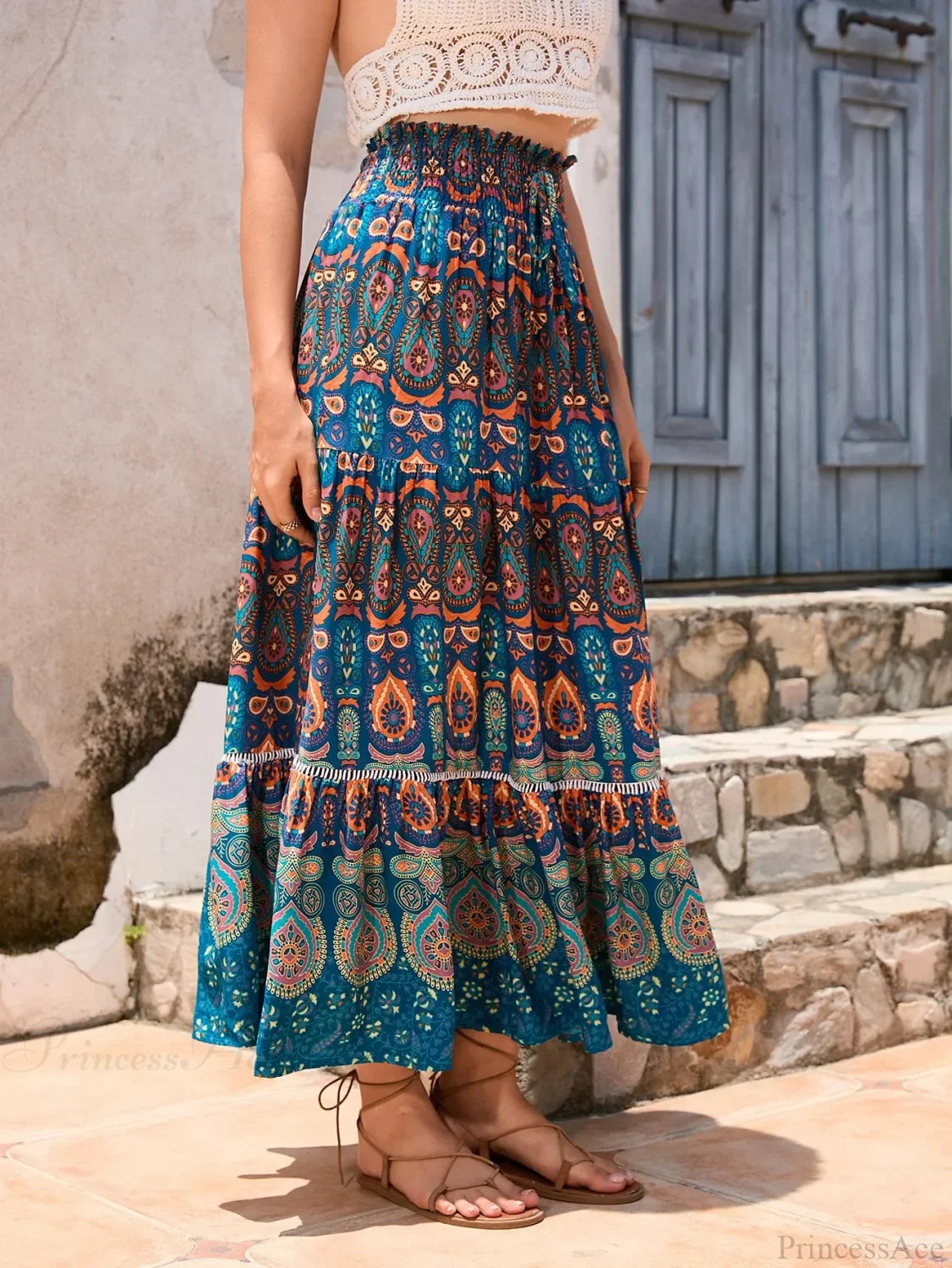 Vintage Floral Peacock Skirt High Elastic Beach Bohemian A-line
