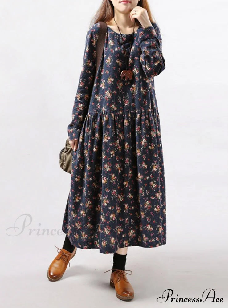 Vintage Floral Print Dress With Long Sleeves And O Neck For Women Pockets M / Blue Party Dresses-L