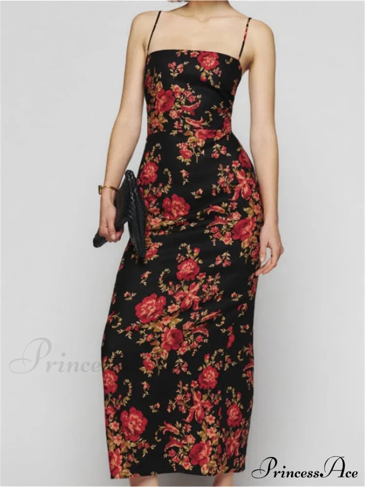 Vintage Floral Print For Women Sleeveless Spaghetti Strap Simmer Back Split Cocktail Party Vestidos