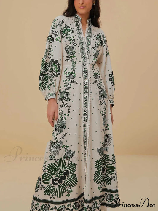 Vintage Floral Print Lantern Graceful Long Sleeve Midi Dress Dresses