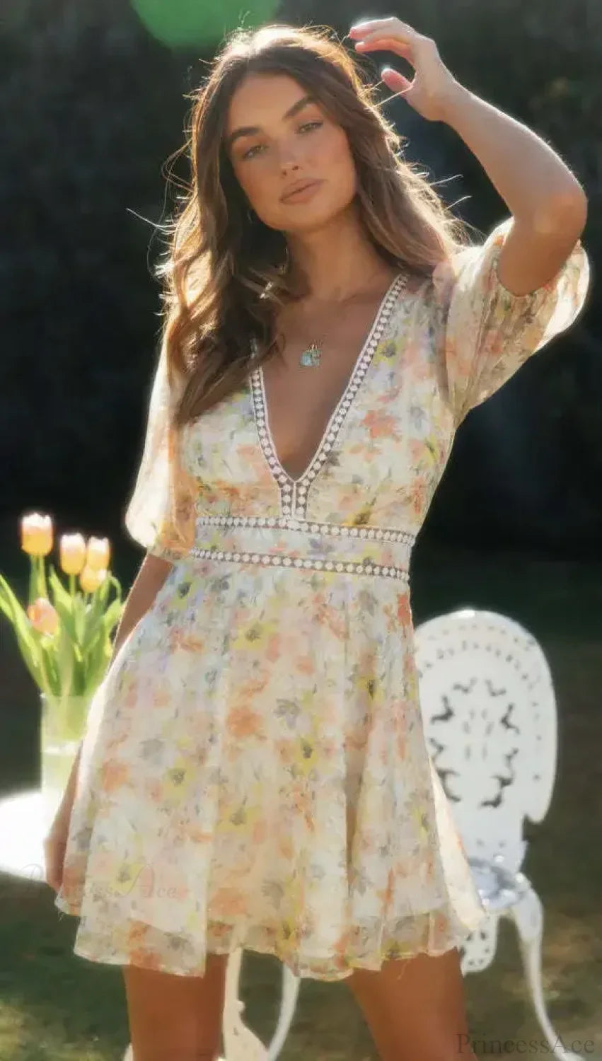 Vintage Floral Print Long Sleeve Hollow Out Sexy V-neck Mini Boho Dress bohodress-250126
