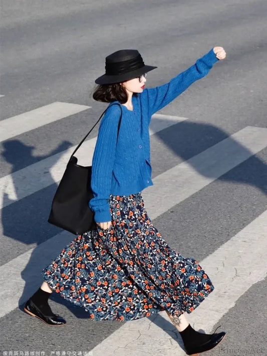 Vintage Flower Print High Waist Pleated Skirt skirt-250126