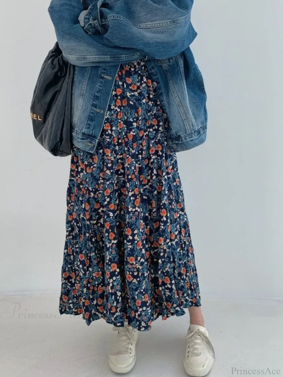 Vintage Flower Print High Waist Pleated Skirt Blue / S skirt-250126