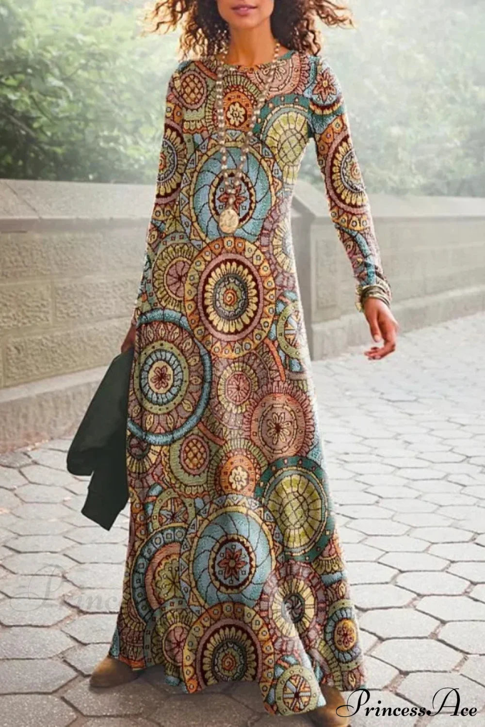 Vintage Geometric Print Long Sleeve Boho Dress