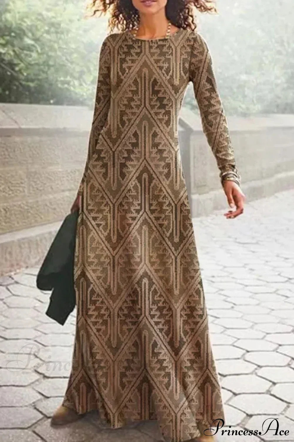 Vintage Geometric Print Long Sleeve Boho Dress Amber Colour / S