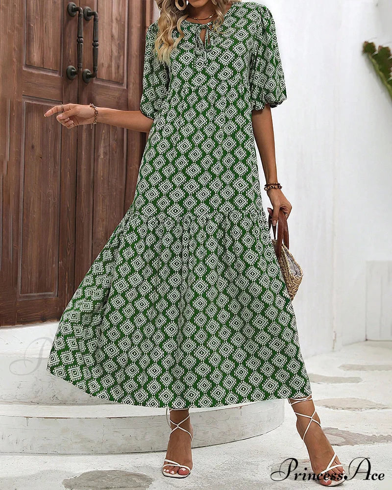 Vintage Geometric Print Maxi Dress Casual Dresses
