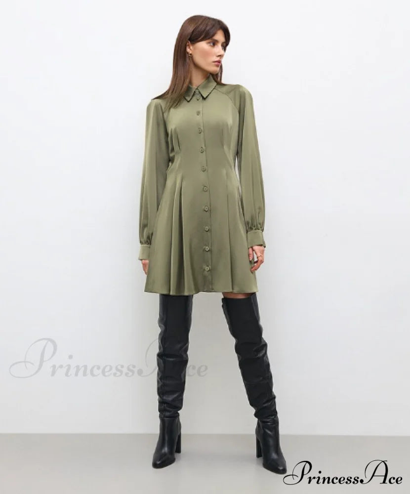 Vintage Green Office Long Sleeve Lapel Short Dress For Autumn M / Blue Dresses