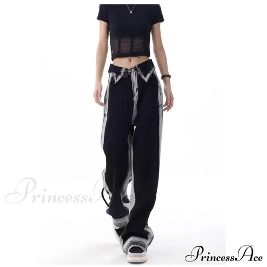 Vintage Harajuku Teenagers Y2K Aesthetic Clothing Autumn Baggy Jean Black / Xs