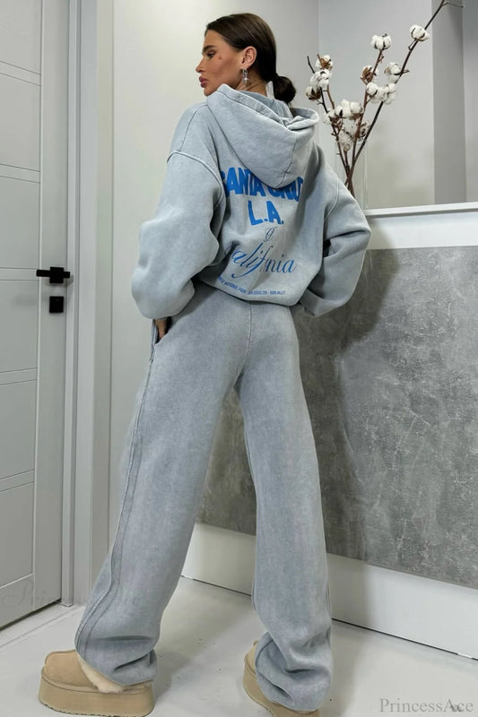 Vintage High Street Gray Loose Hoodie Jogger Two Piece Set